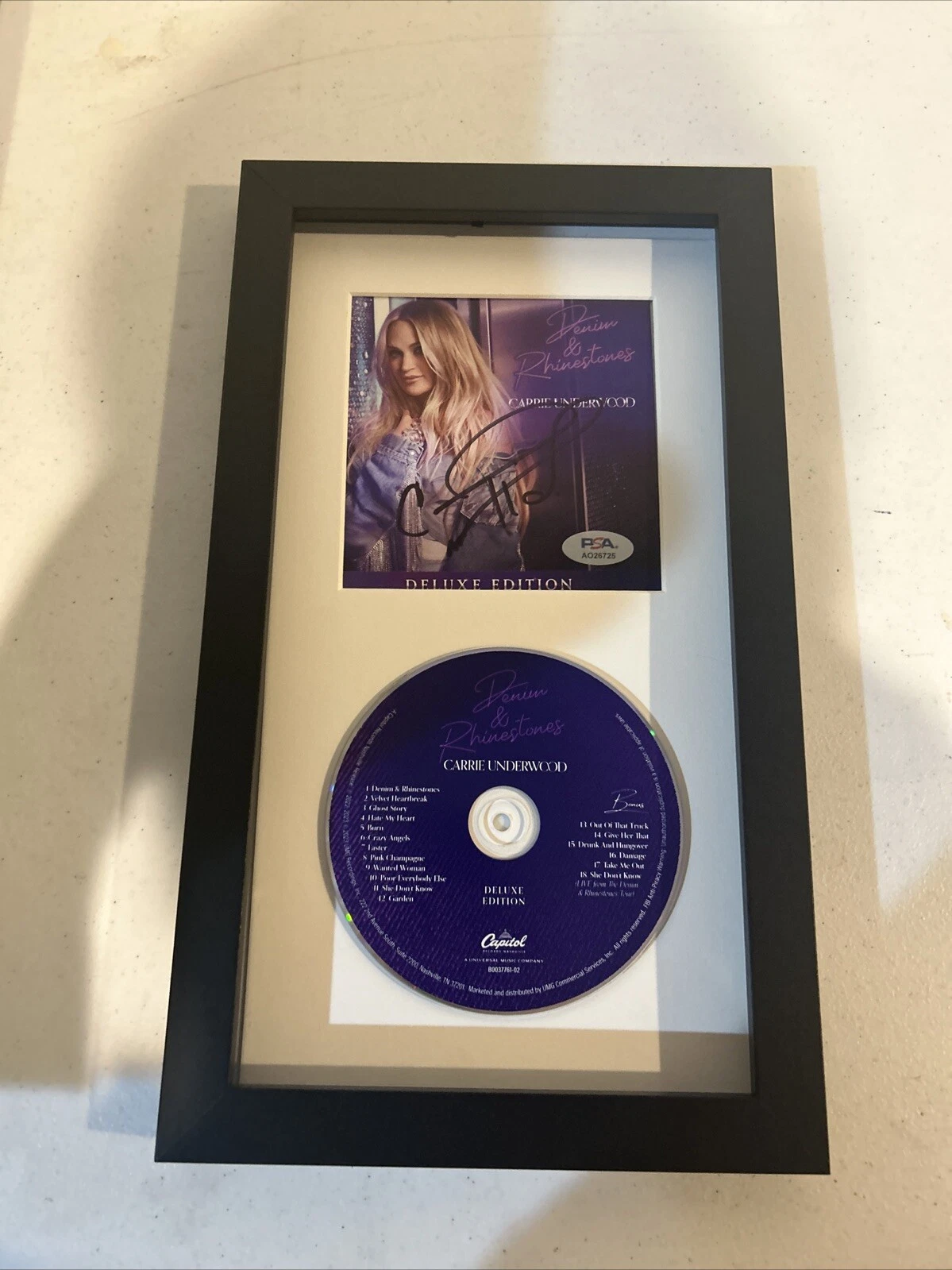 CARRIE UNDERWOOD SIGNED AUTOGRAPH FRAMES CD DISPLAY PSA COA DENIM & RHINESTONES