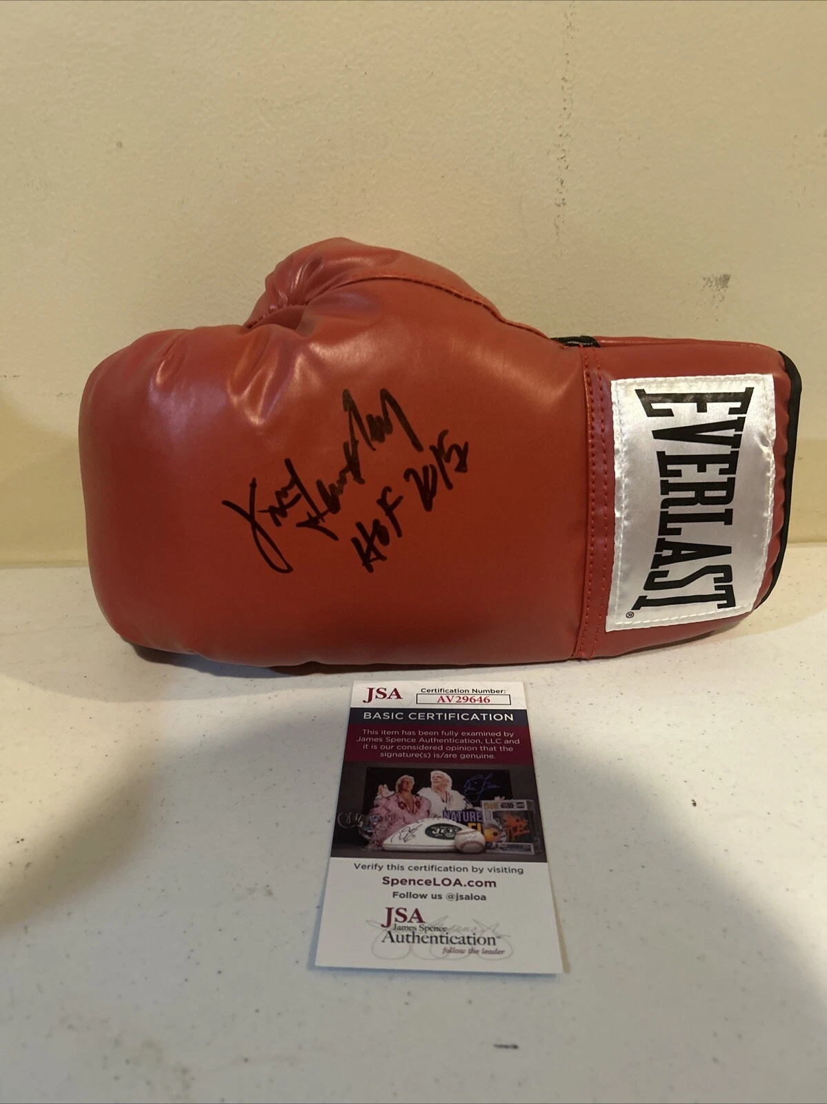 JIM LAMPLEY SIGNED AUTOGRAPH BOXING GLOVE JSA COA RING ANNOUNCER HOF 2015
