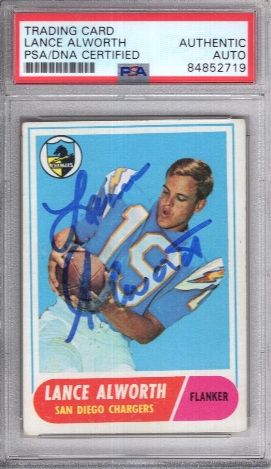 LANCE ALWORTH HAND SIGNED 1968 TOPPS FOOTBALL CARD BAMBI PSA SLABBED