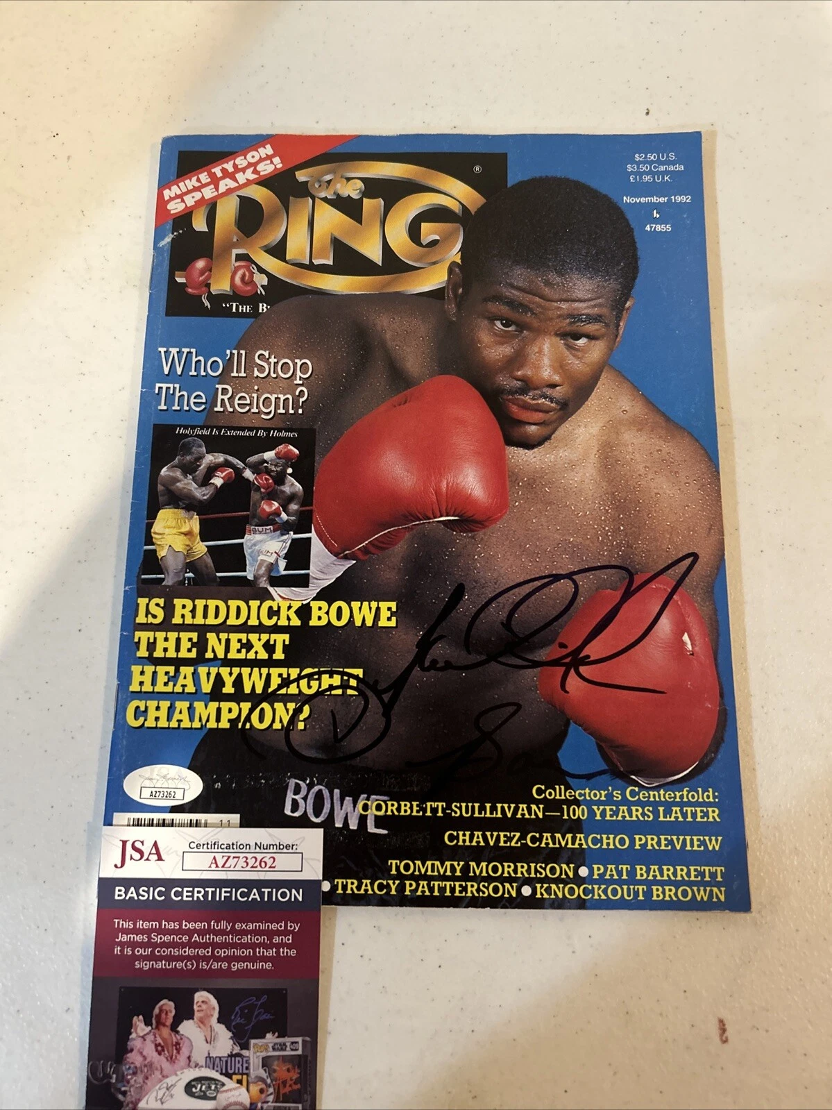 RIDDICK BOWE SIGNED AUTOGRAPH RING MAGAZINE JSA COA BOXING STAR CHAMPION HOF