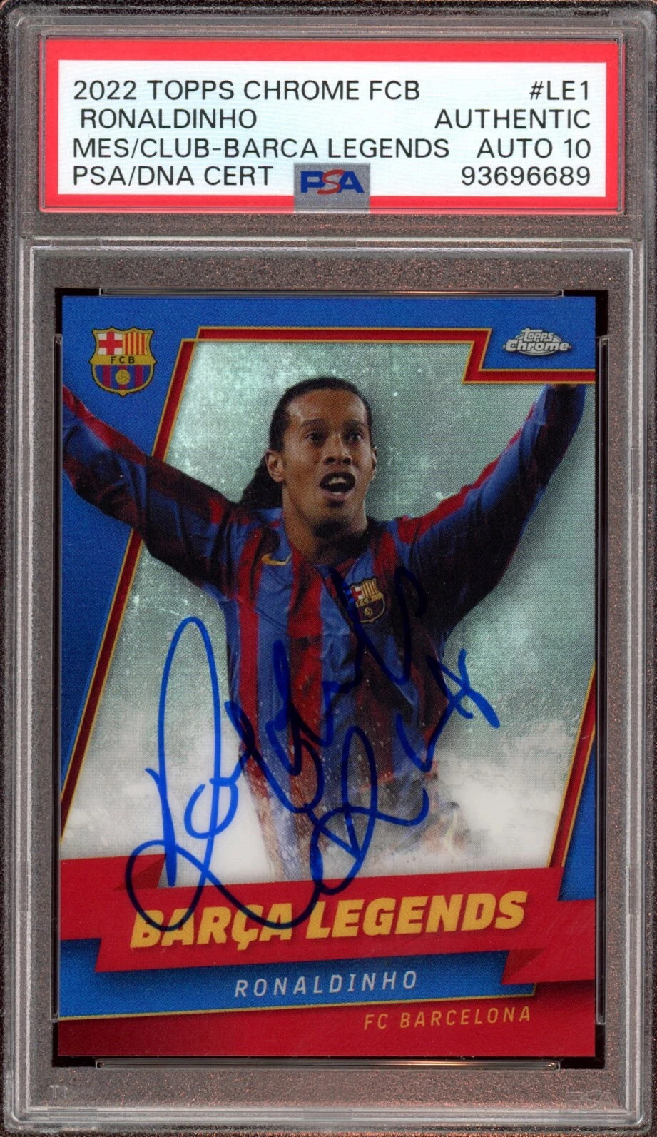 2022 Topps Chrome FCB #LE1 Ronaldinho Signed Barca Legends Card Psa GEM 10 AUTO