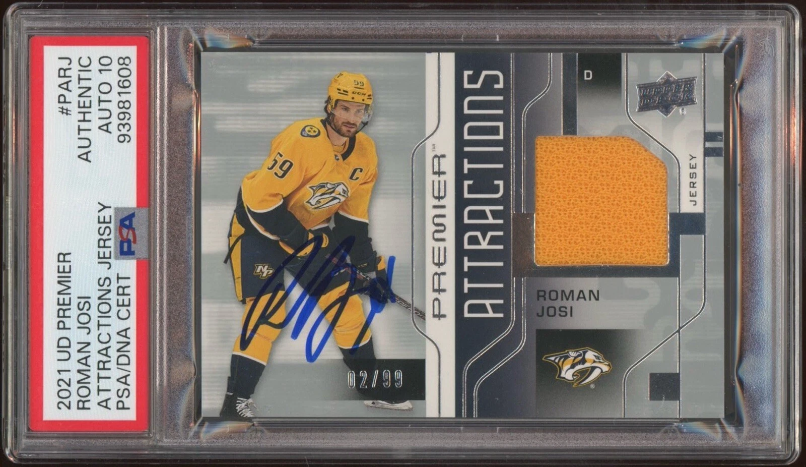 2021 UD Premier #PARJ Roman Josi Attractions Jersey Card /99 Psa GEM MT 10 AUTO
