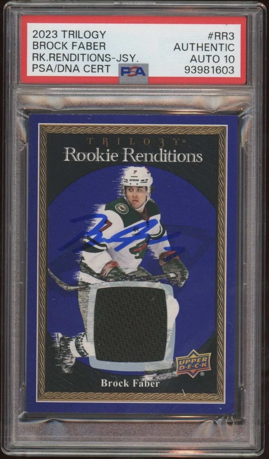 2023 UD Trilogy #RR3 Brock Faber Rookie Renditions Jersey Psa GEM MT 10 AUTO RC