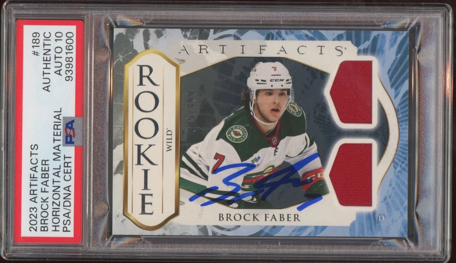 2023 UD Artifacts #189 Brock Faber Rookie Material Relic /399 Psa GEM MT 10 AUTO
