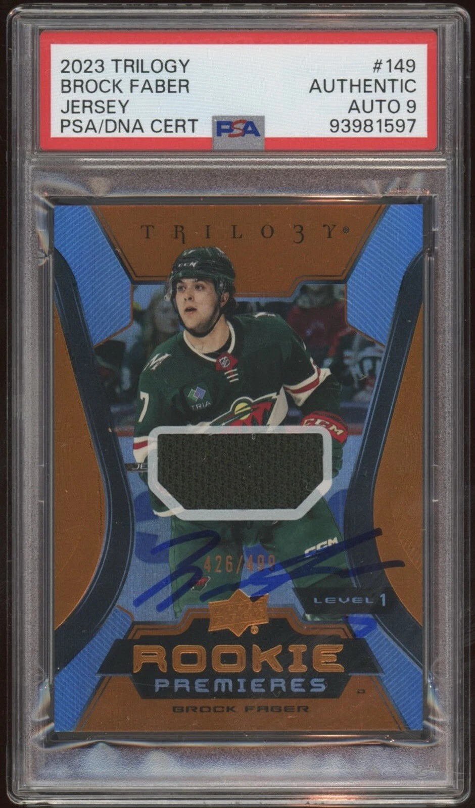 2023 UD Trilogy #149 Brock Faber Rookie Premieres Jersey /499 Psa MINT 9 AUTO RC