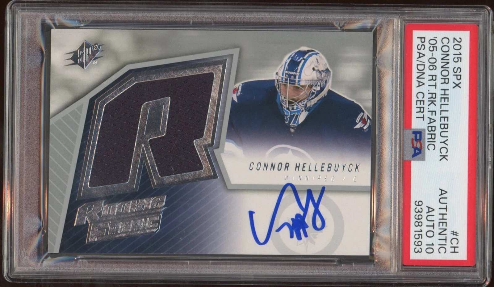 2015 UD SPX #CH Connor Hellebuyck Rookie Relic Fabric Psa GEM MINT 10 AUTO RC