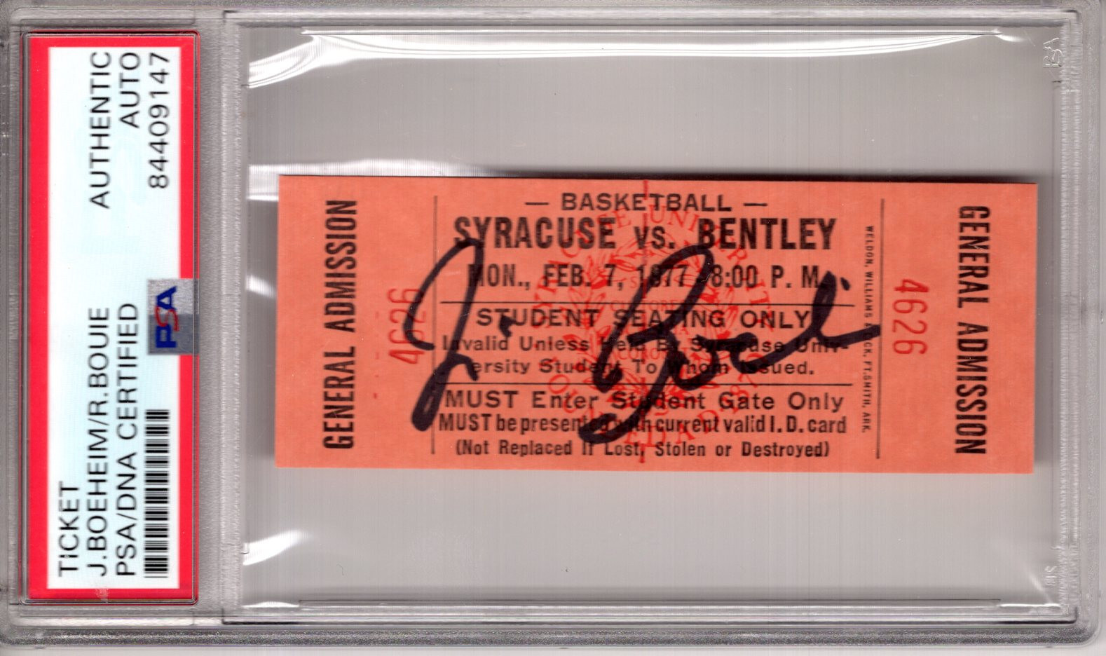 JIM BOEHEIM+BOUIE SIGNED UNUSED 1977 SYRACUSE BK TICKET RARE PSA SLABBED