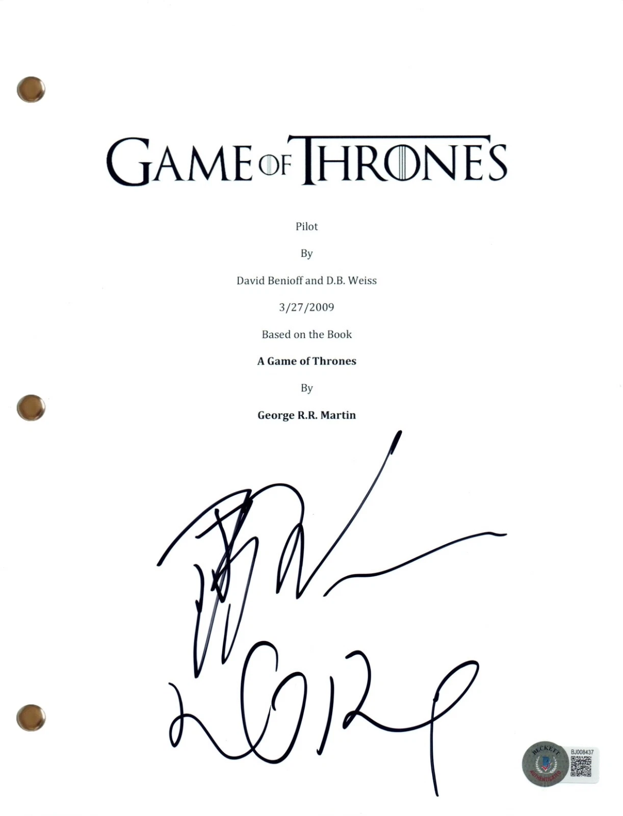 David Benioff & D.B. Weiss Signed Autograph Game of Thrones Pilot Script BAS COA