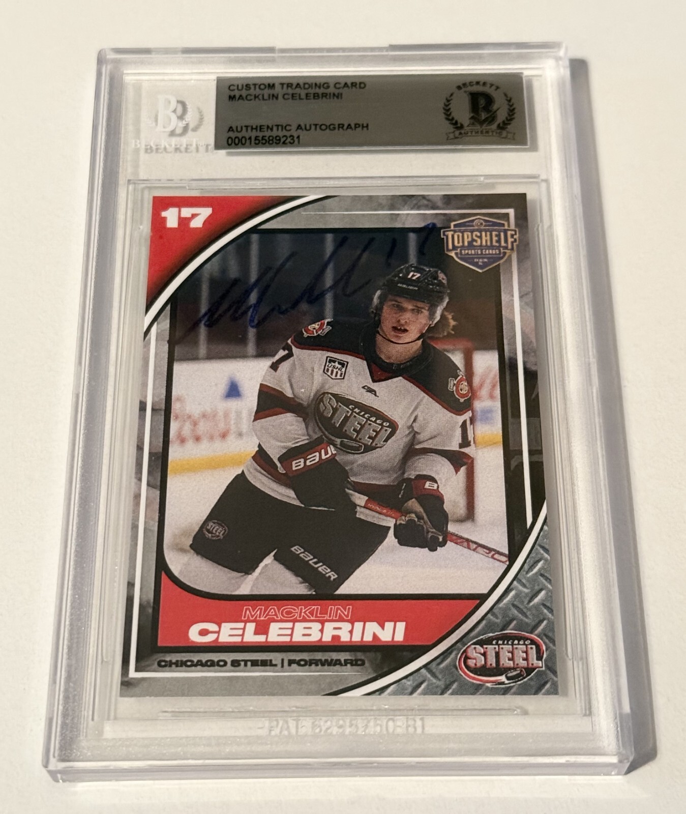Macklin Celebrini Sharks signed Chicago Steel #17 Rookie Card RC Beckett