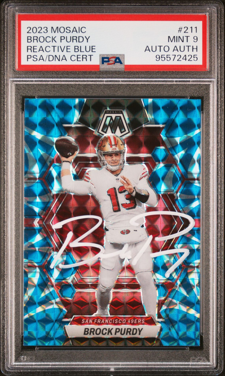 Brock Purdy Signed Autographed 2023 Mosaic Reactive Blue 49ers #211 Mint PSA 9