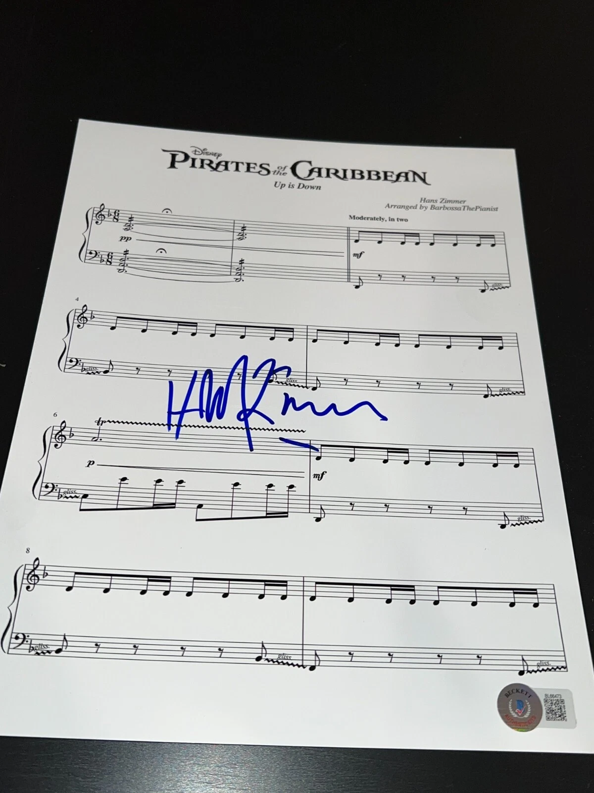 HANS ZIMMER SIGNED AUTOGRAPH SHEET MUSIC PIRATES OF THE CARIBBEAN BECKETT BAS D
