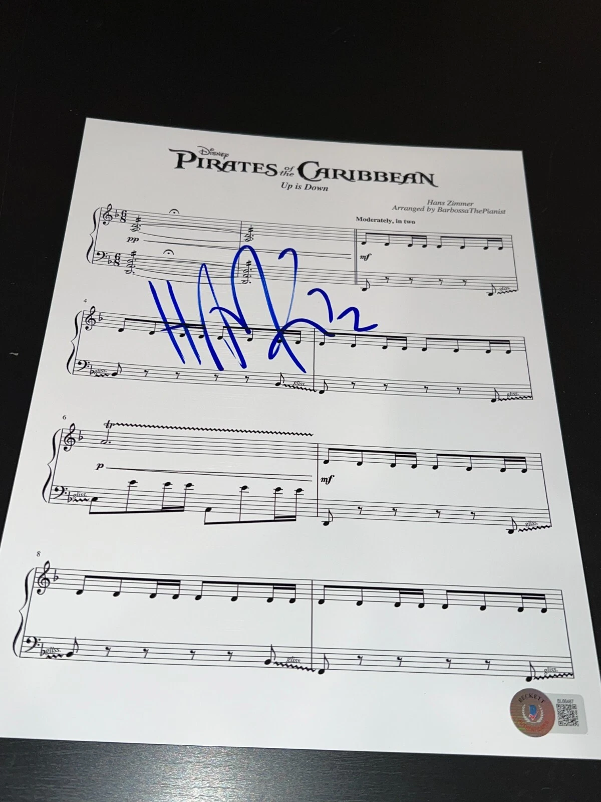 HANS ZIMMER SIGNED AUTOGRAPH SHEET MUSIC PIRATES OF THE CARIBBEAN BECKETT BAS X1