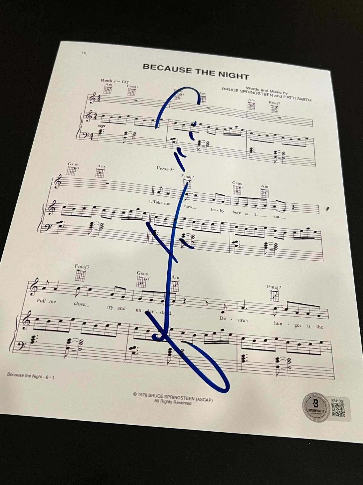 PATTI SMITH SIGNED AUTOGRAPH SHEET MUSIC BECAUSE THE NIGHT BECKETT BAS COA X3