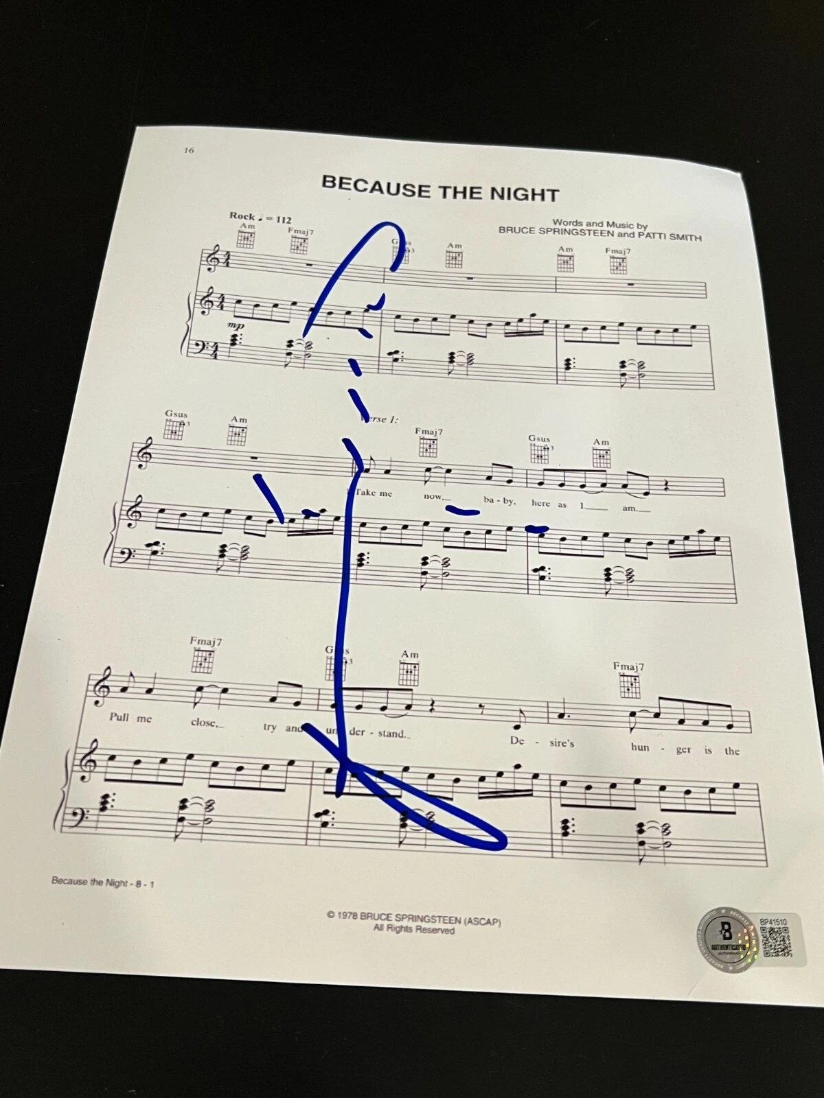 PATTI SMITH SIGNED AUTOGRAPH SHEET MUSIC BECAUSE THE NIGHT BECKETT BAS COA