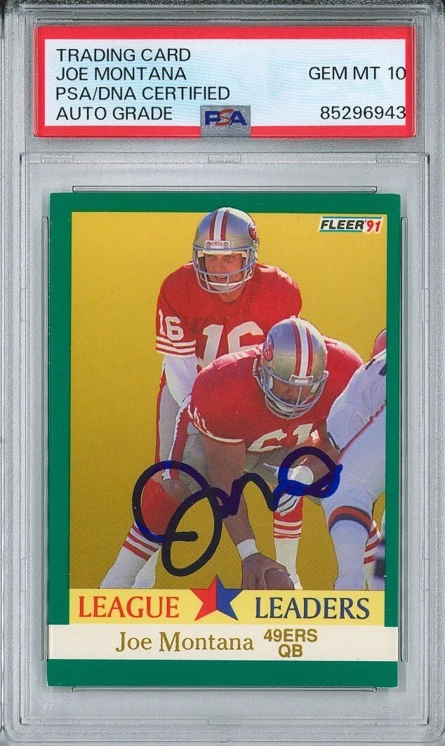 Joe Montana Signed 1991 Fleer #408 League Leaders PSA 85296943 GM MT 10 AUTO