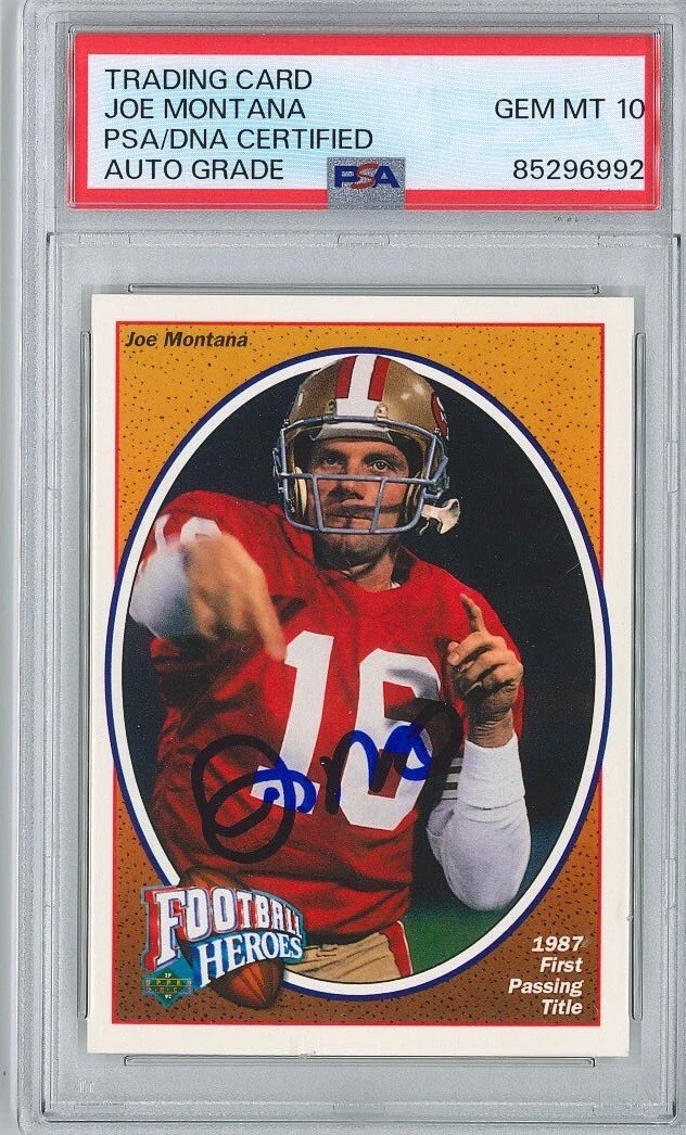 Joe Montana Signed 1991 Upper Deck Heroes Trading Card #4 PSA 85296992 GM MT 10