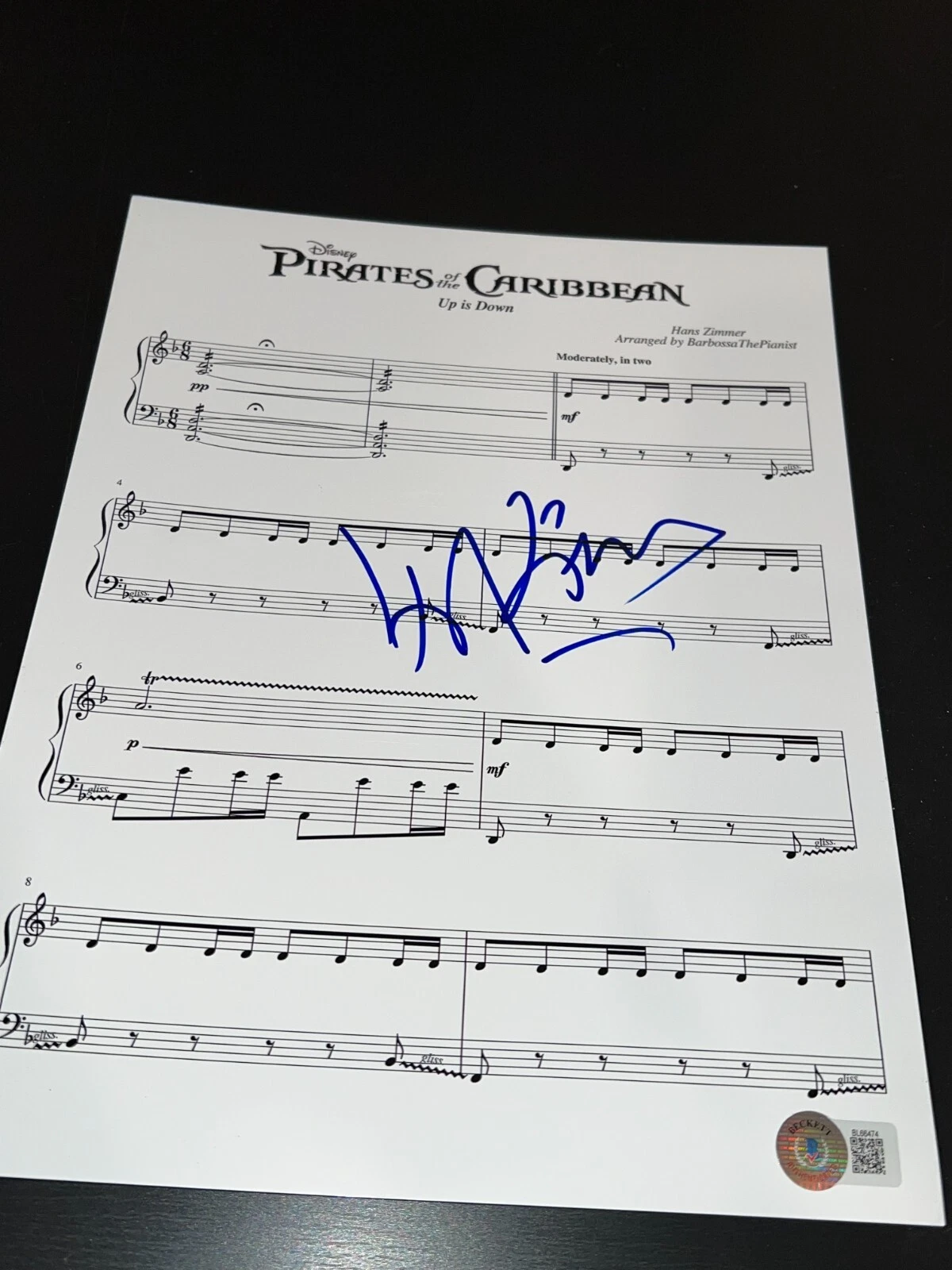 HANS ZIMMER SIGNED AUTOGRAPH SHEET MUSIC PIRATES OF THE CARIBBEAN BECKETT BAS F