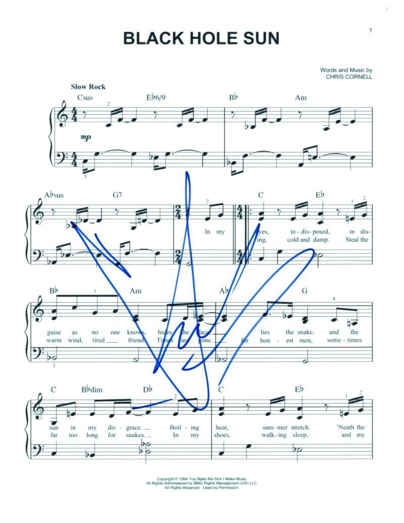 Chris Cornell Soundgarden Signed Autograph Black Hole Sun Sheet Music w/ JSA COA