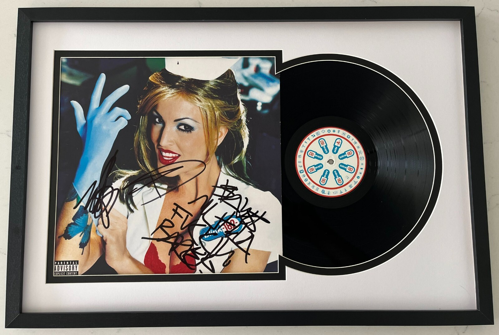 BLINK 182 MARK TOM & TRAVIS SIGNED ENEMA OF THE STATE FRAMED VINYL & BECKETT LOA