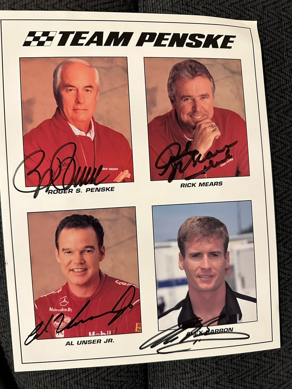 Al Unser Rick Mears Roger Penske Barron Promo Card Signed Card Indianapolis 500