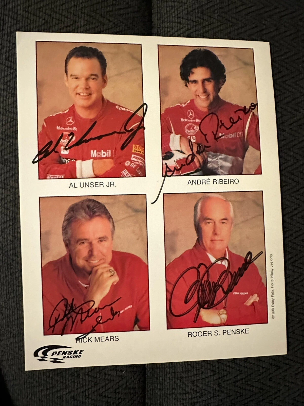 Al Unser Rick Mears Roger Penske Andre Ribeiro Promo Card Signed Indy 500