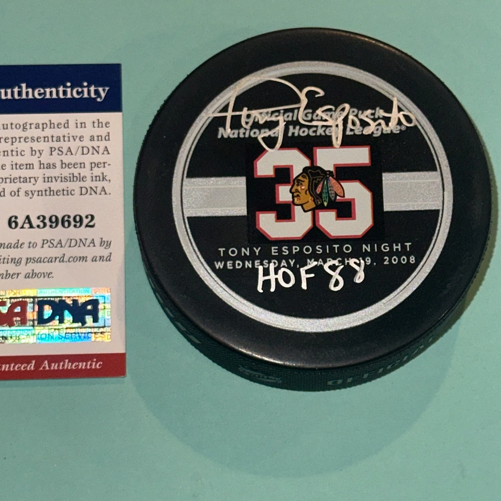 TONY ESPOSITO Signed Official ESPOSITO NIGHT GAME Puck w/ PSA ITP COA & HOF Insc