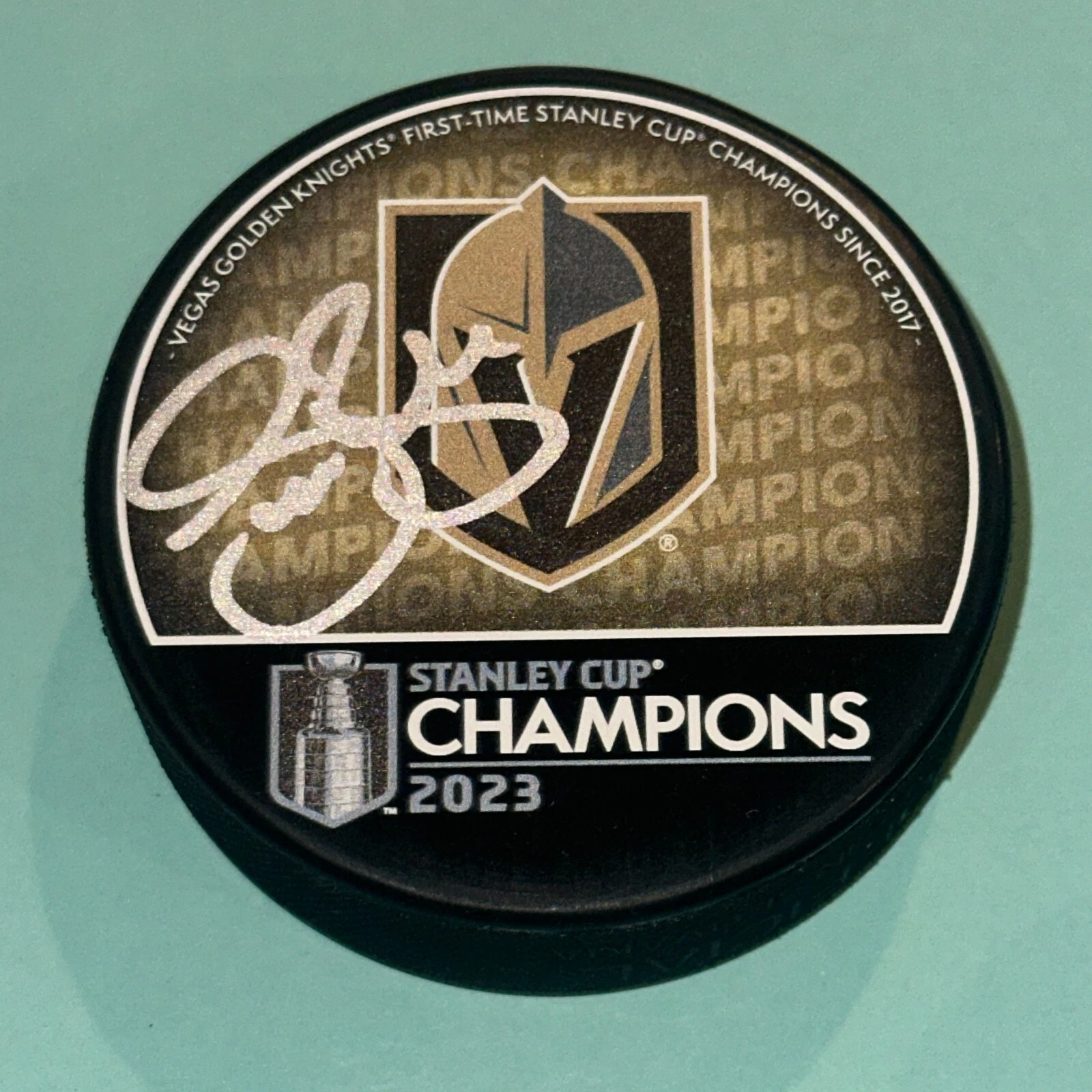 SEAN BURKE Signed Knights 2023 STANLEY CUP CHAMPS Puck Beckett Auth. BAS