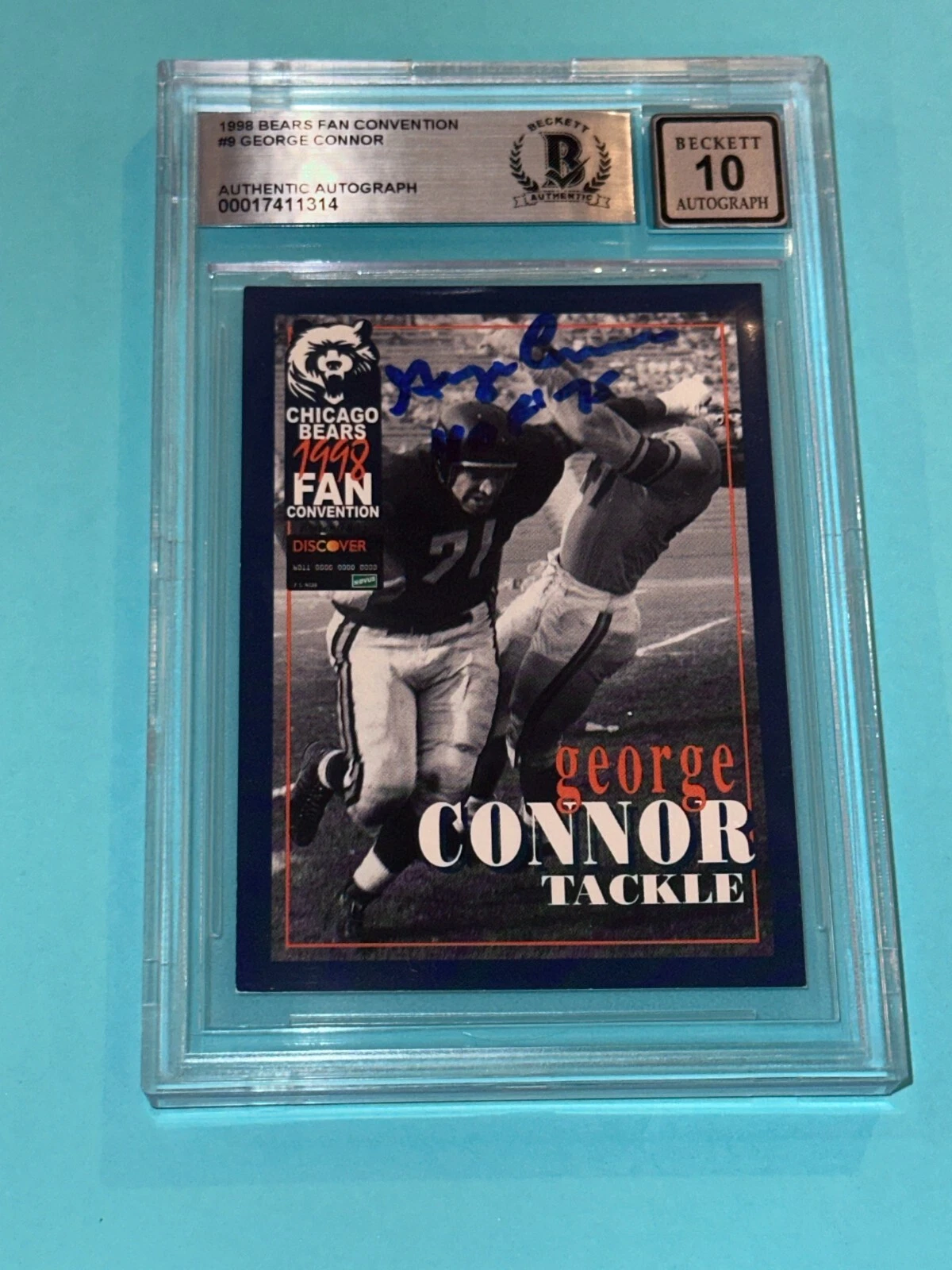 GEORGE CONNOR Signed 1998 BEARS FAN CONVENTION Card #9 Beckett BAS AUTO 10