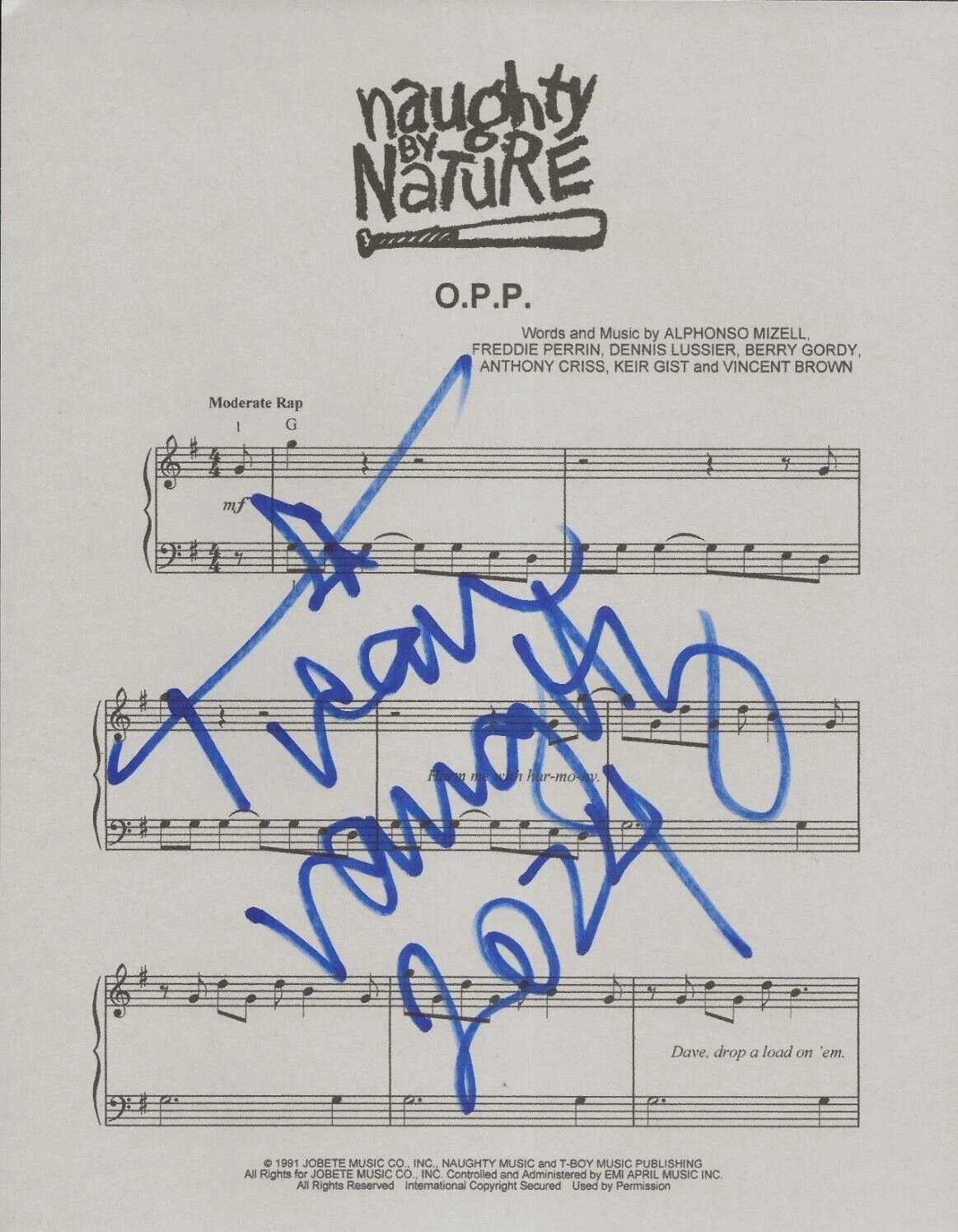 Treach of Naughty By Nature EAL hand SIGNED O.P.P. Sheet Music COA Autographed