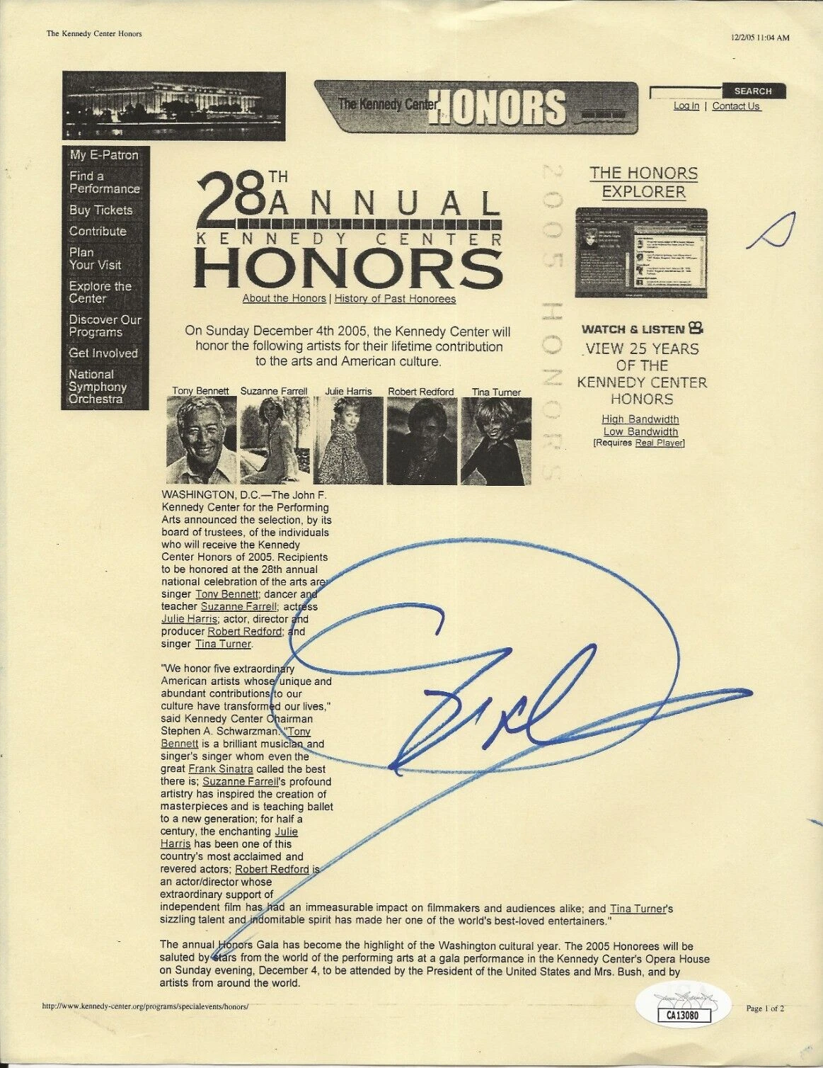 Oprah Winfrey REAL hand SIGNED 28th Kennedy Center Honors Printout page JSA