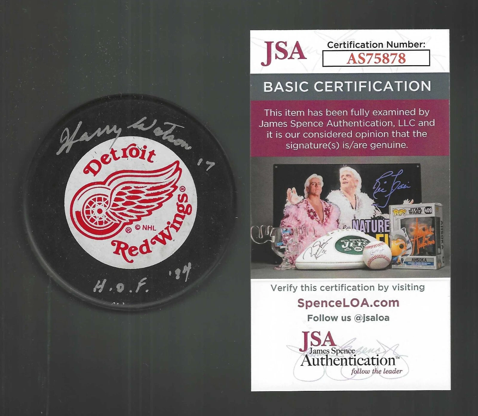 Harry Watson Signed & Inscribed Detroit Red Wings Trench Puck JSA COA