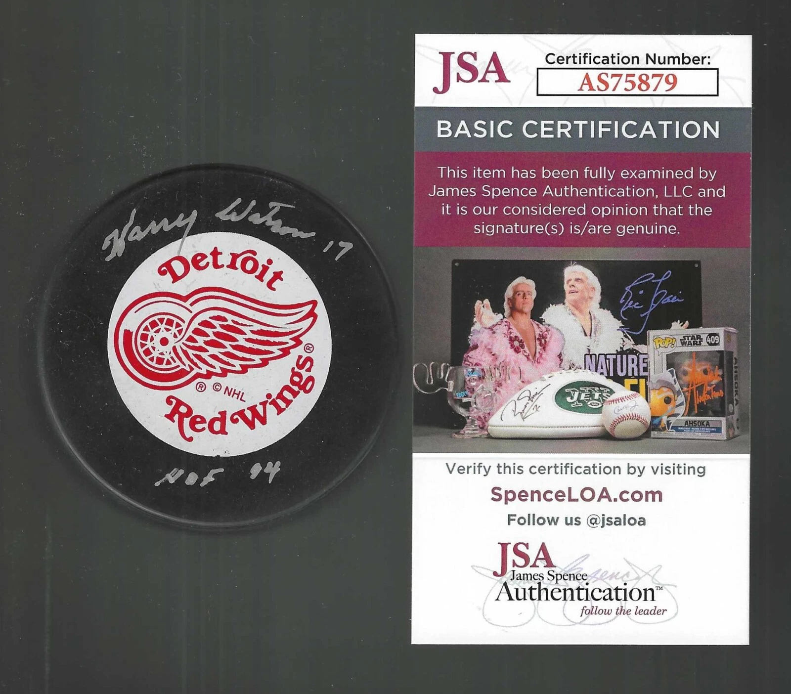 Harry Watson Signed & Inscribed Detroit Red Wings Ravens Athletic Puck JSA COA