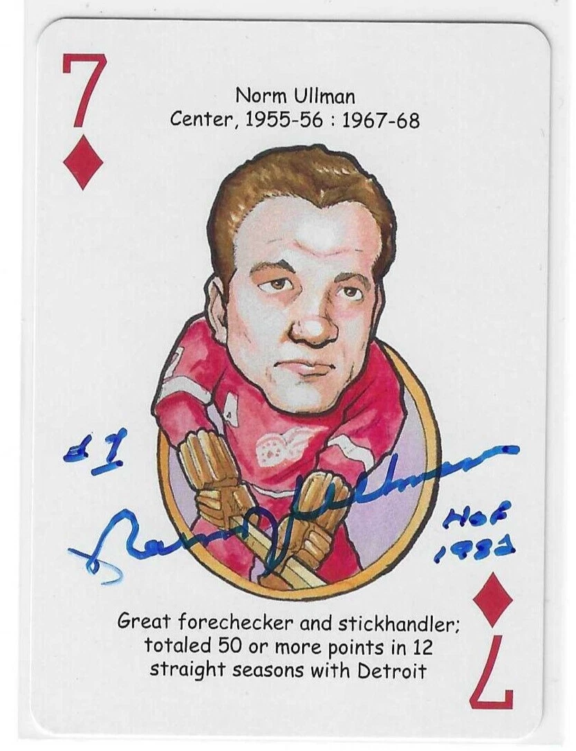 Norm Ullman Signed Nine (7) of Diamonds Playing Card Detroit Red Wings