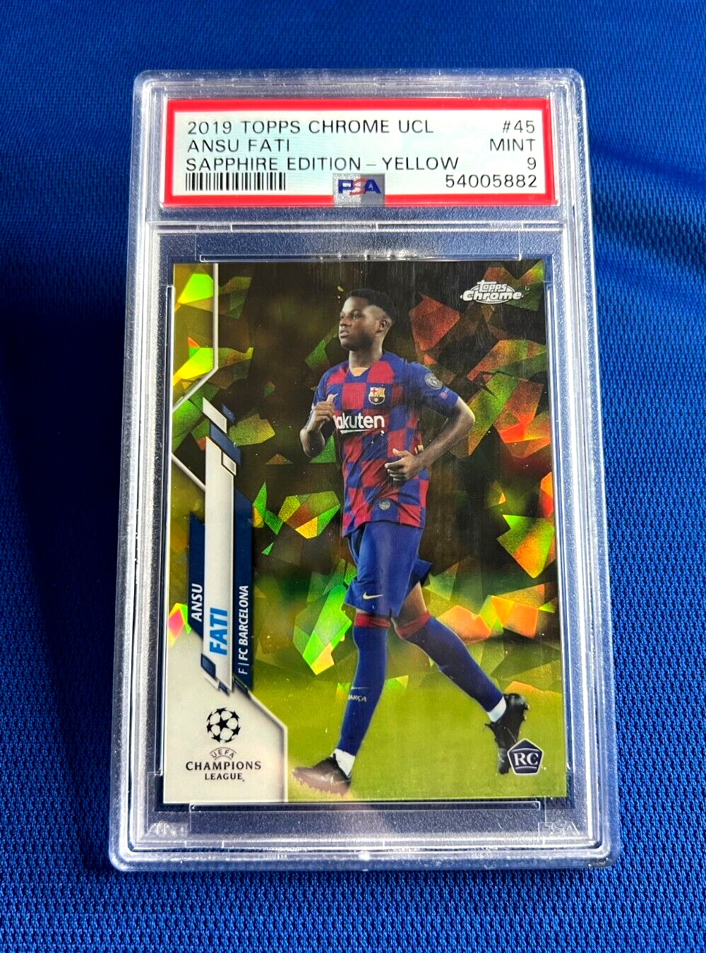 2019 TOPPS CHROME UCL ANSU FATI SAPPHIRE EDITION YELLOW #45 CARD /99 PSA 9 MINT