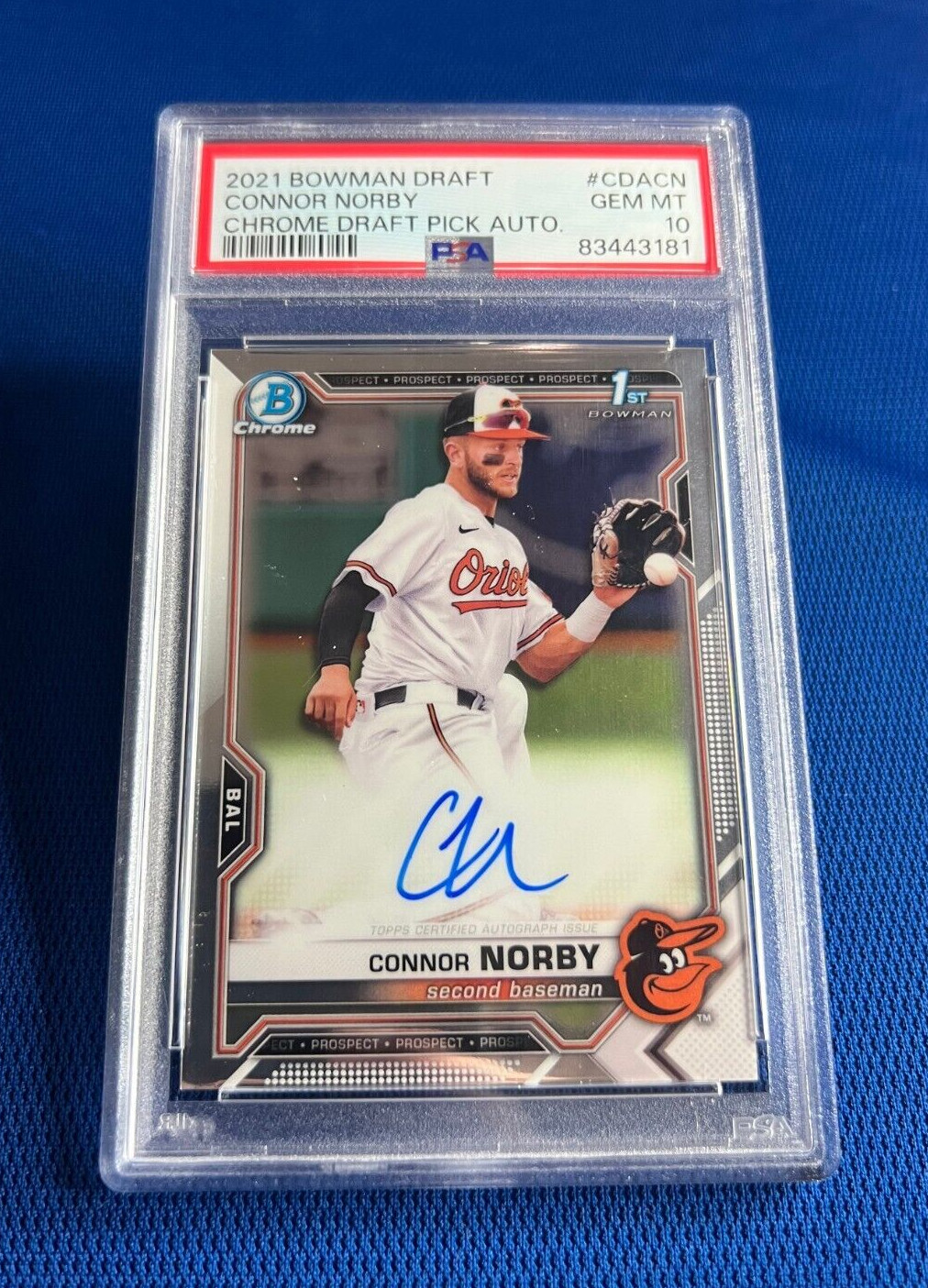 2021 BOWMAN CHROME DRAFT PICK CONNOR NORBY BALTIMORE ORIOLES RC AUTO PSA 10 GEM