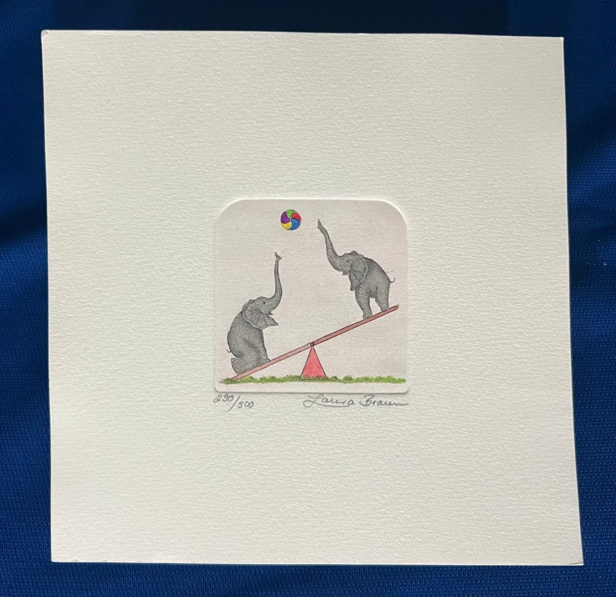 LAURA BRAUN PLAYING ELEFANTS CIRCUS HAND PAINTED ETCHING PAINTING /500 RARE COLLECTIBLE MEMORABILIA