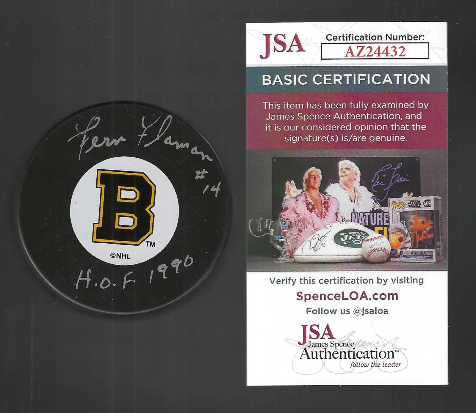 Fern Flaman Signed & Inscribed Boston Bruins Vintage Logo Puck JSA COA