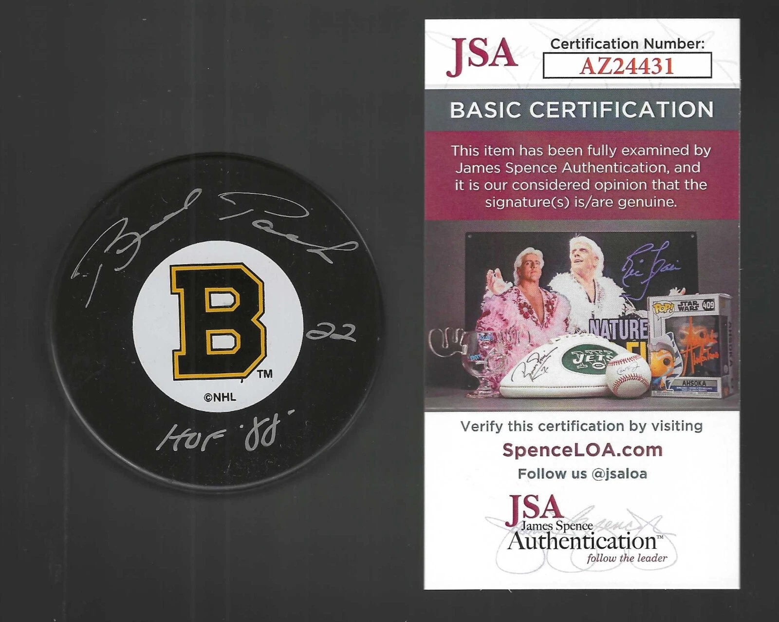 Brad Park Signed & Inscribed Boston Bruins Vintage Logo Puck JSA COA