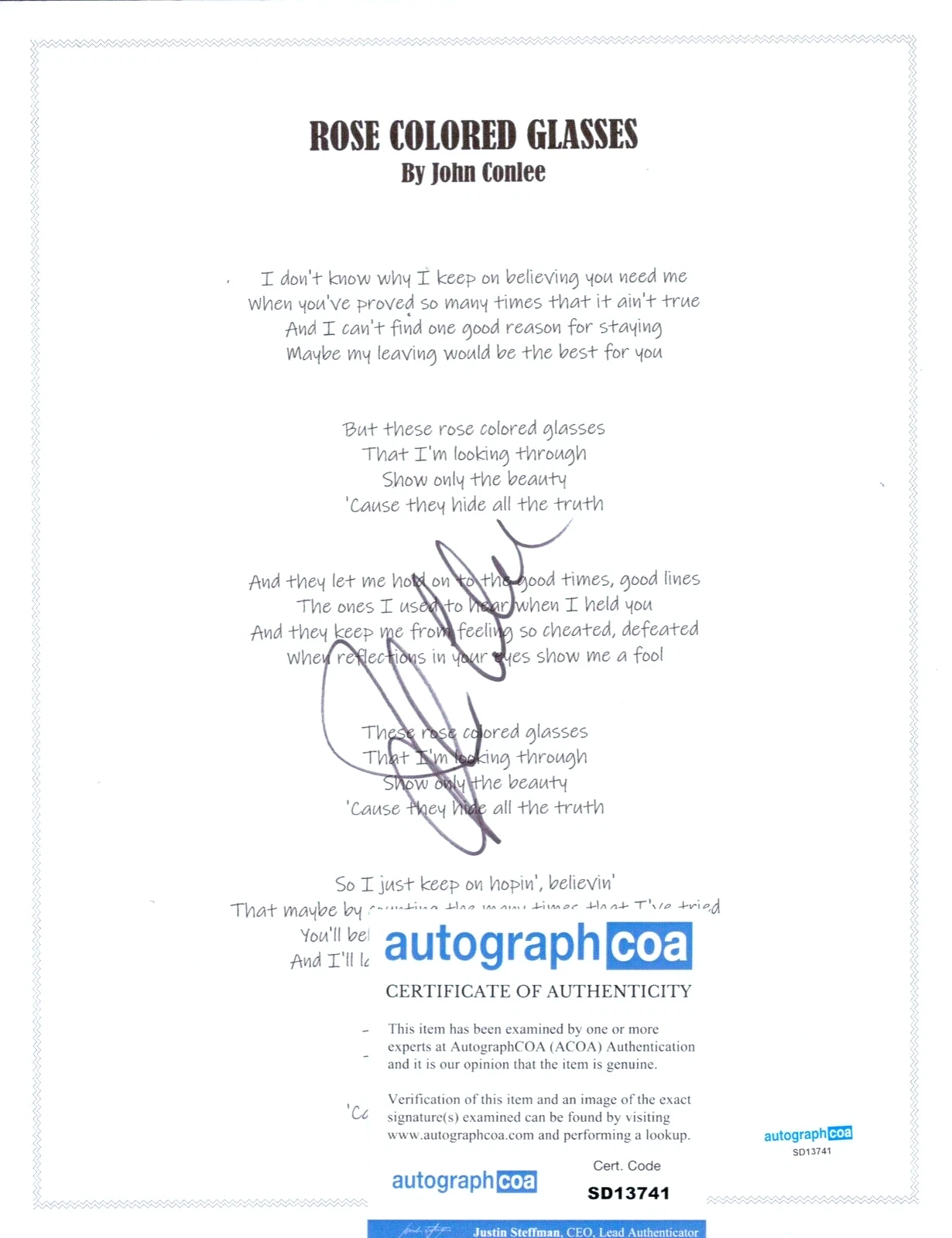 JOHN CONLEE Signed Autograph Lyric Sheet Music ROSE COLORED GLASSES ACOA