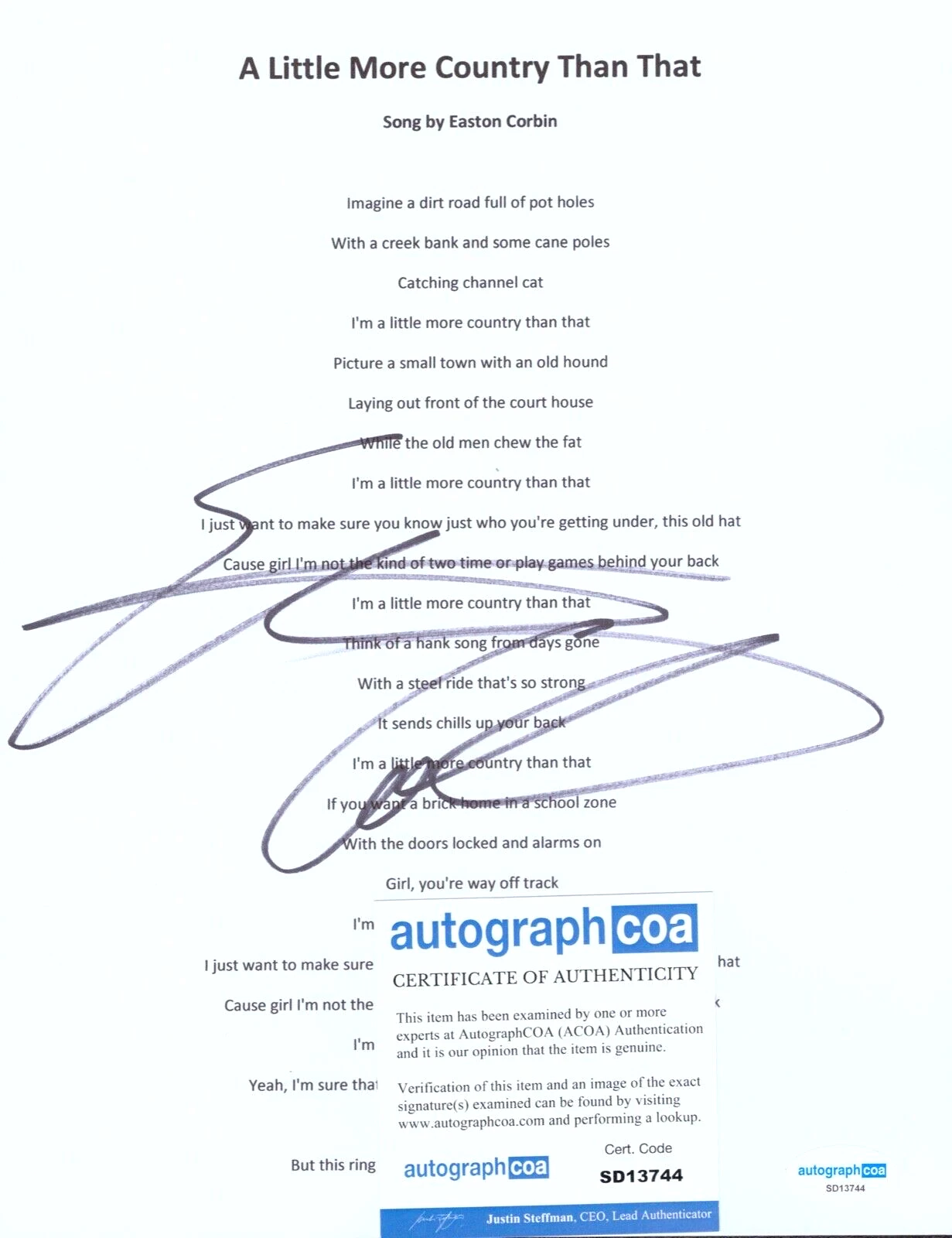EASTON CORBIN Signed Auto Lyric Sheet Music A LITTLE MORE COUNTRY THAN THAT ACOA