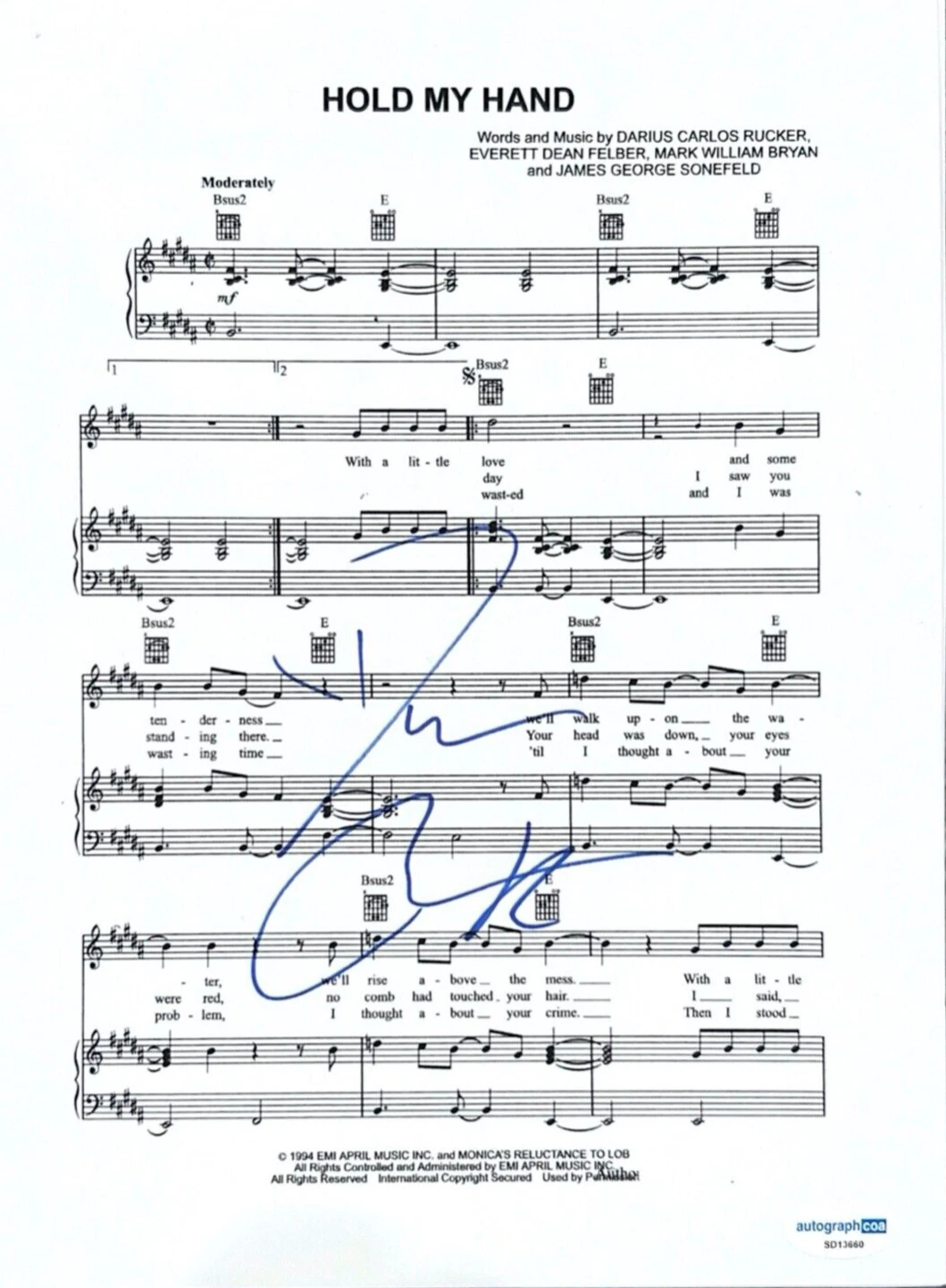 DARIUS RUCKER Signed Autograph Lyric Sheet Music HOLD MY HAND ACOA