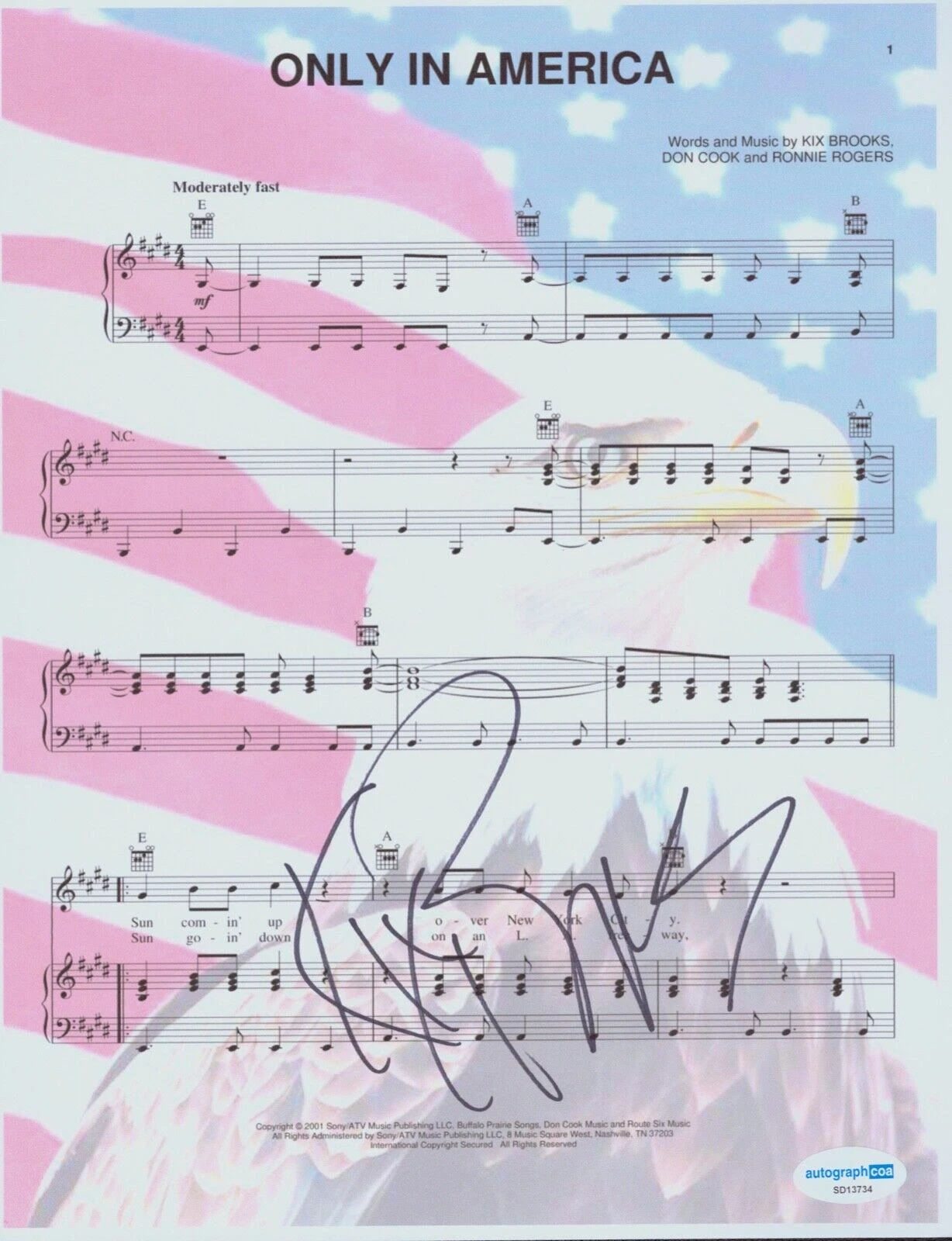 KIX BROOKS Signed Auto Lyric Sheet Music ONLY IN AMERICA ACOA