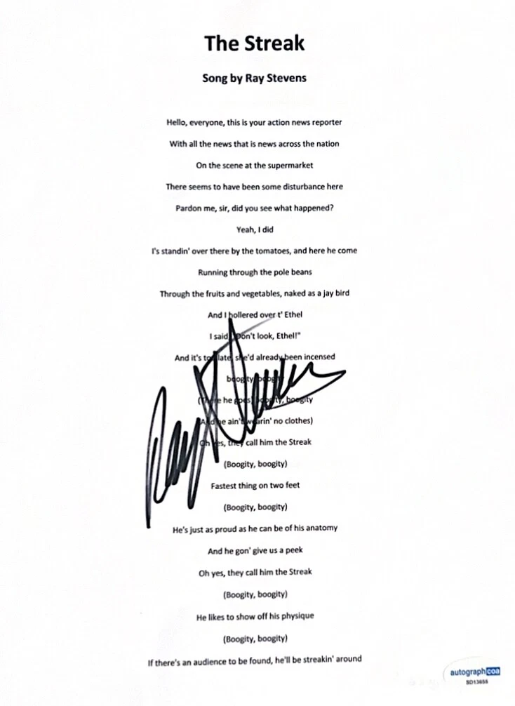 RAY STEVENS Signed Autograph Lyric Sheet Music THE STREAK ACOA