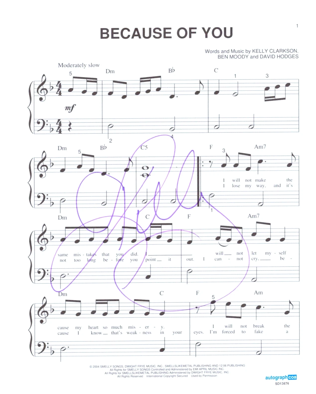 KELLY CLARKSON Signed Auto Lyric Sheet Music BECAUSE OF YOU ACOA