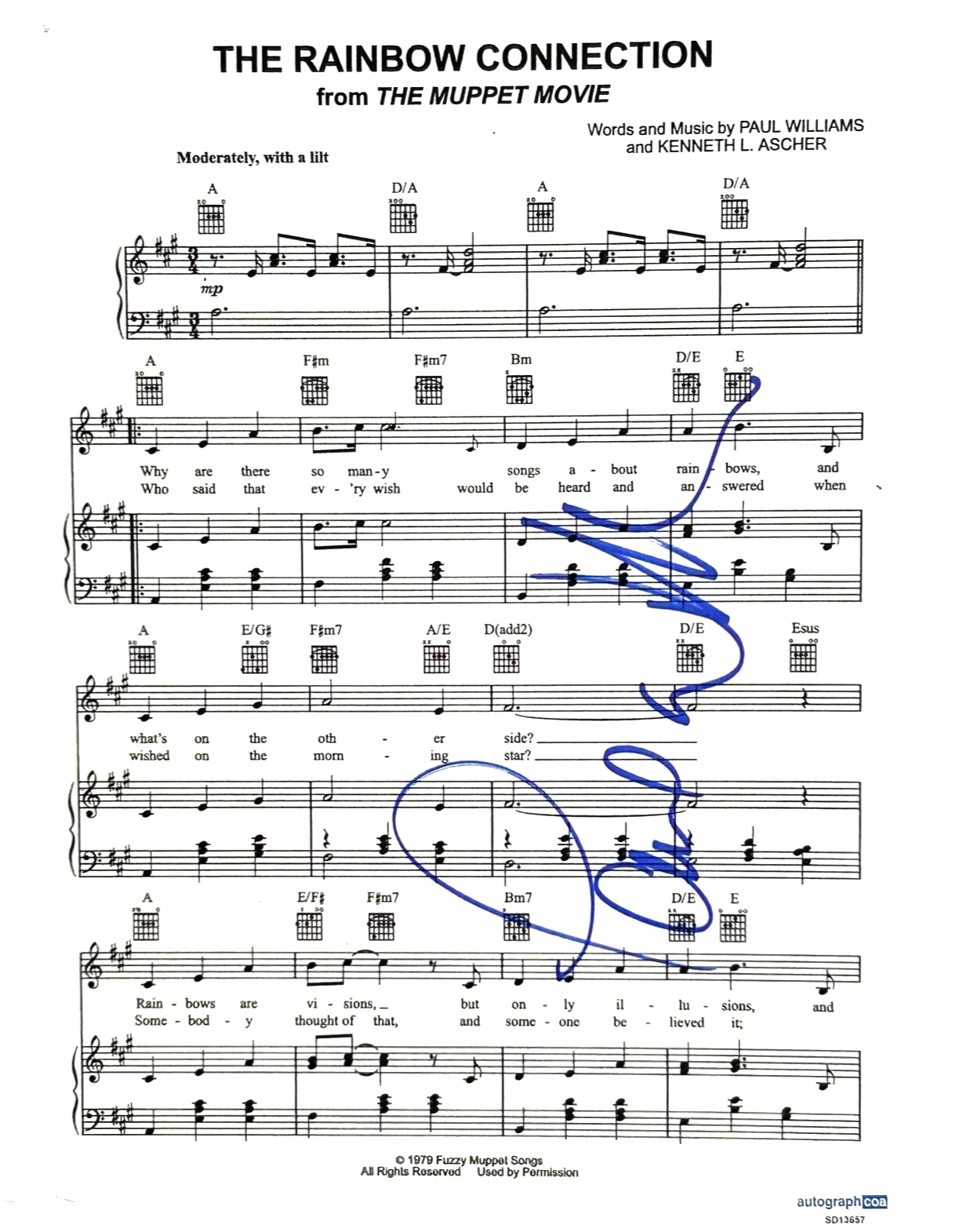 PAUL WILLIAMS Signed Autograph Lyric Sheet Music THE RAINBOW CONNECTION ACOA