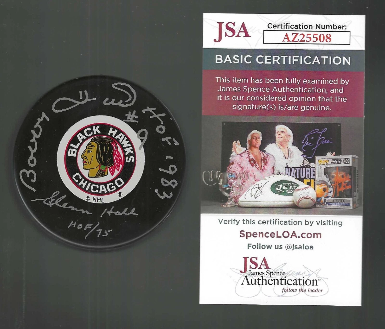 Glenn Hall & Bobby Hull Signed & Inscribed Chicago Blackhawks Puck JSA COA