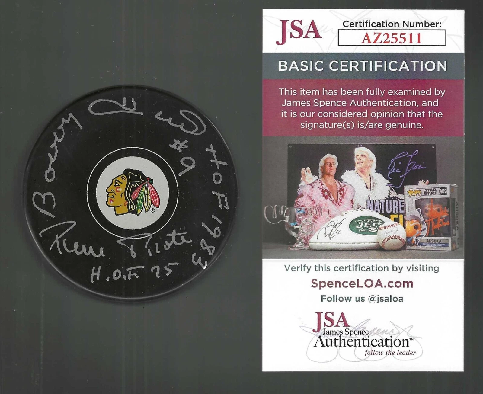 Pierre Pilote & Bobby Hull Signed & Inscribed Chicago Blackhawks Puck JSA COA