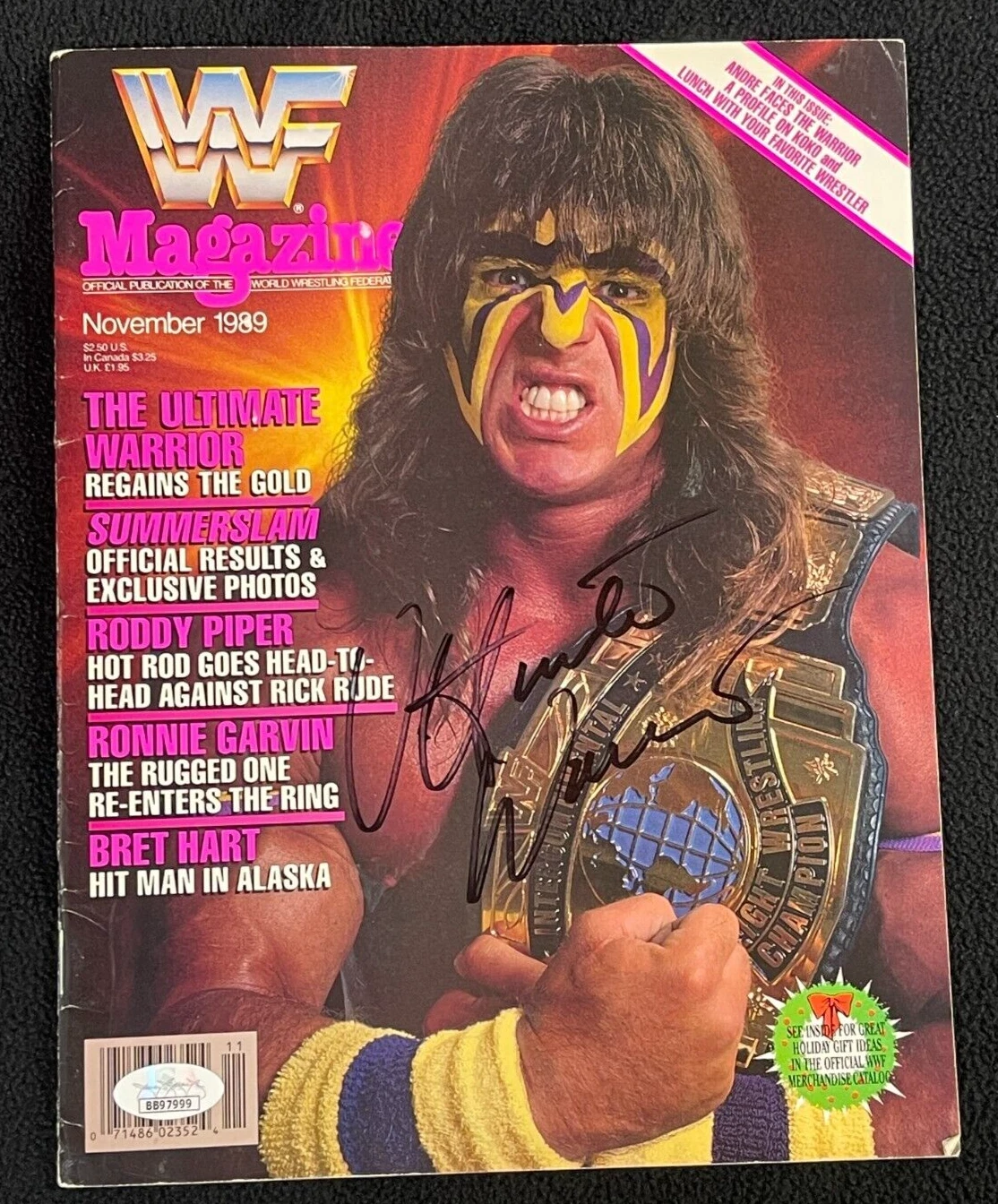 ULTIMATE WARRIOR SIGNED WWF NOVEMBER 1989 IC CHAMPION MAGAZINE WWE JSA COA COLLECTIBLE MEMORABILIA