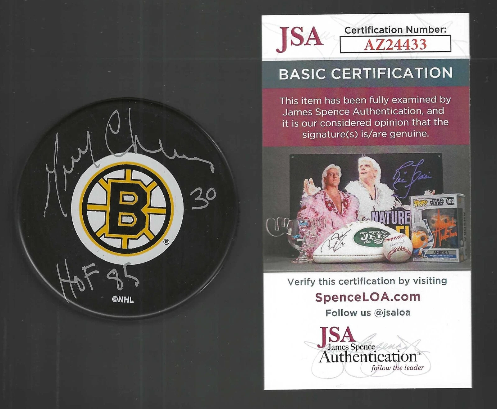 Gerry Cheevers Signed & Inscribed Boston Bruins Puck JSA COA