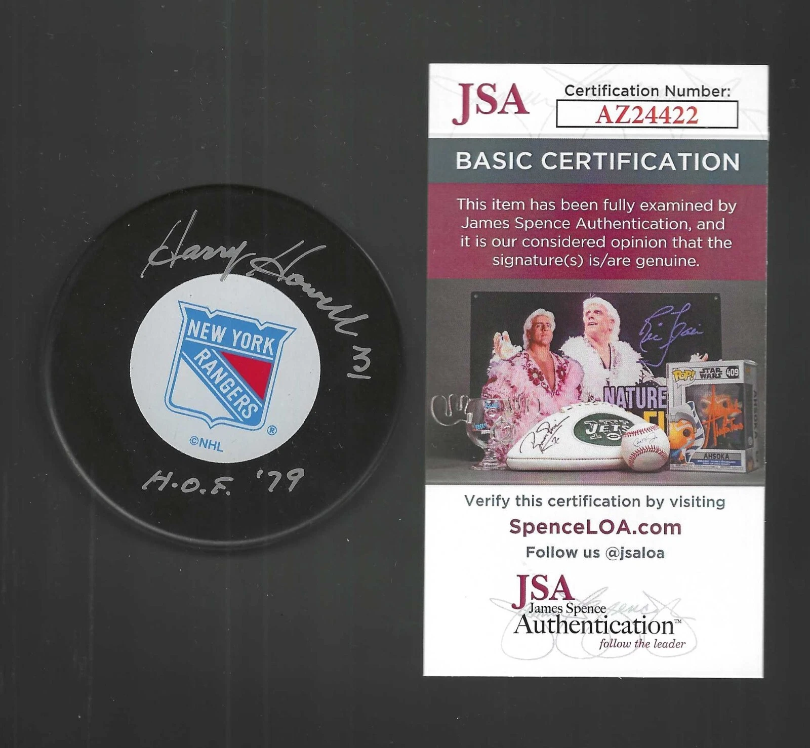 Harry Howell Signed & Inscribed New York Rangers Puck JSA COA